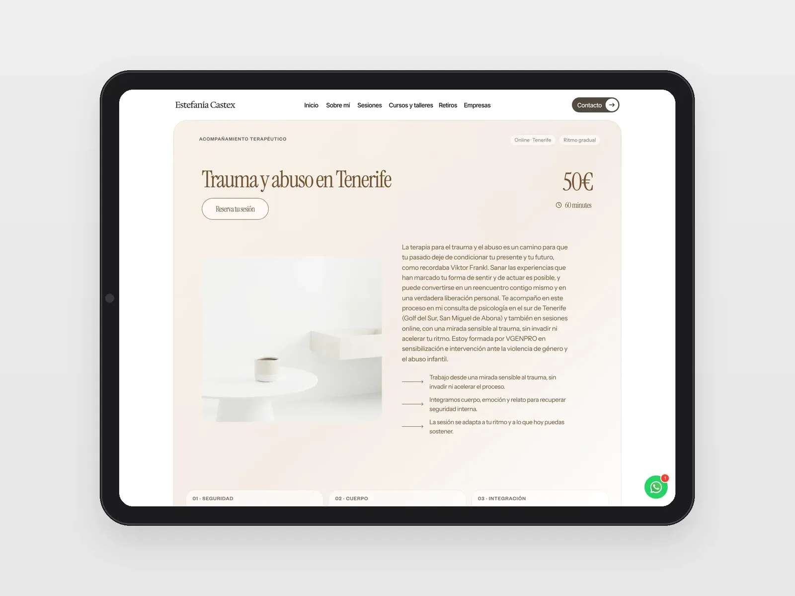 Página de la terapia de trauma con precio y duración